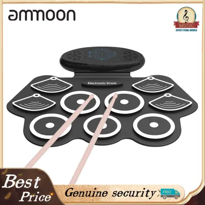 ammoon Portable 9 Pads Electronic Drum Set Roll Up Silicone Practice Drum Pad Built-in 2 Speakers Stereo Rechargeable Multifunction Tabletop Drum Support Recording Function/ Audio Input/ MIDI Output