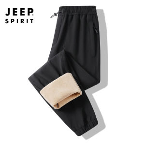 Jeep Mens Solid Color Cotton Solid Casual Pants Padded Warm Autumn and Winter Elastic Waist Wear-resistant Overalls