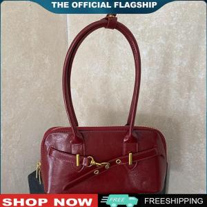 [LEAZEN] Women PU Leather Underarm Bag Vintage Tote Bags Y2K Bowling Bag for Work Shopping Travel Daily
