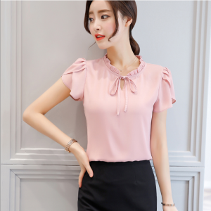 ขนาดใหญ่เสื้อชีฟองแขนสั้นผู้หญิงใหม่ฉบับภาษาเกาหลีของสีบริสุทธิ์หลวม Casual Sweet Lotus Leaf Sleeve เสื้อหญิง