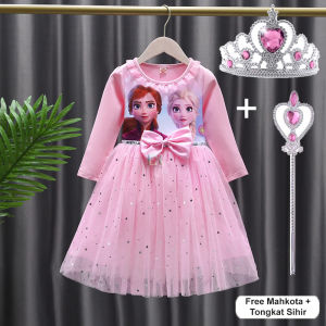 LNR Shop FREE MAHKOTA + TONGKAT SIHIR Gaun Musim Gugur Anak-anak untuk Anak Perempuan Motif Frozen Elsa Lengan Panjang Dengan Rok Tutu Gaun Putri Carttom Frozen Elsa Gaun Pesta Pakaian Anak-Anak Gaun Summer