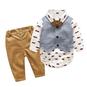 Kids Boy Clothes Gentleman Grey Vest+Long-Sleeved Bow Shirt+Pants 4PCS Suits Infant Children Formal Party Wedding Outfits 3 6 9 12 18 24 Months