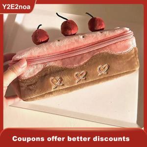 【Y2E2noa】 Cute Plush Cherry Cake Pen Bag Exquisite Storage Large Capacity Student Advanced Stationery Korean Stationery Pencil Pouch