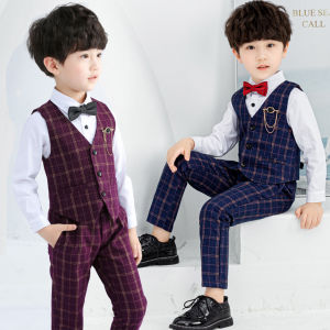 lontakids 5Pcs Kids Boys Clothing Set (Plaid Vest+Pants+Long Sleeve Shirt+Bow Tie+Brooch) Children Ring Bearer Piano Recital Attire Formal Suit Gentleman Clothing Set Wedding Birthday Party Blue Purple Dresswear For 3-12 Years