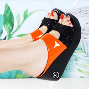 [HCM]Dép đế xuồng nữ đế đúc quai kim tuyến phối màu - Dép Đế xuồng cao 6.5cm - Dép nữ da mềm 2 màu Đen - Cam - SD468