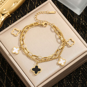 สร้อยข้อมือใบโคลเวอร์ 4 แฉกแบบสองชั้น เสริมโชคด้านการงาน สไตล์แฟชั่นสำหรับผู้หญิง สวมใส่ในชีวิตประจำวัน