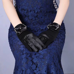 Nữ Phụ nữ ngắn chất liệu satin Găng tay màu đen thanh lịch cho Rhinestone Bowknot màu trơn KÍN NGÓN găng tay cho đám cưới Opera PA