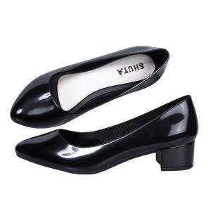 Womens Korean Style Black Pointed Toe 5cm High Heels Rubber Student Black Shoes Non-Slip Work Waterproof Black Shoes 090523