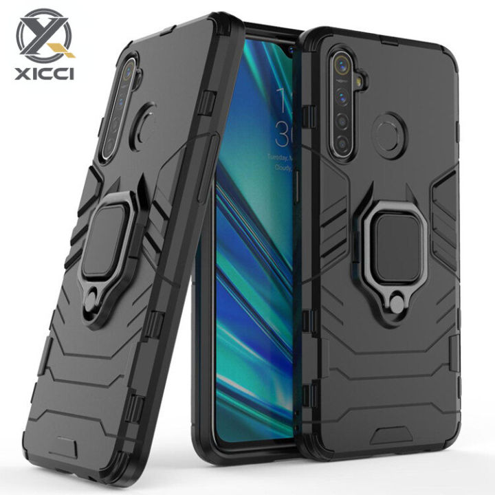 XICCI For OPPO Realme Narzo 20A/Realme 5i/5/5S/Realme 6i Case, Litchi TPU  and Hard PC Luxury Armor Shockproof Metal Ring Holder Cover Phone Casing 