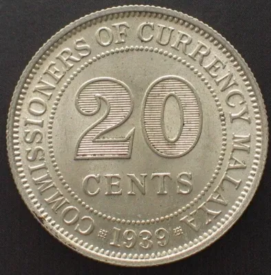 Lightly Circulated (Like NEW) 1939 Malaya 20 cents SILVER coin (Coin in cardholder) (Silver melt value as at June 2026 -- S$11)