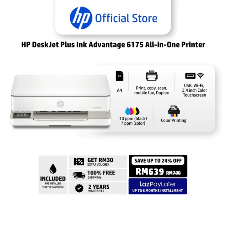 HP DeskJet Plus Ink Advantage 6175 MultiFunction All-in-One Printer - A4 Color Inkjet All-in-One Printer - Print, copy, scan, mobile fax, Duplex - Print speed