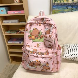 MIRELINA Hoạt hình Ba lô capybara Sức chứa lớn Trọng lượng nhẹ Cặp học sinh Hợp thời trang Chống thấm nước Cặp sách capybara Bé gái