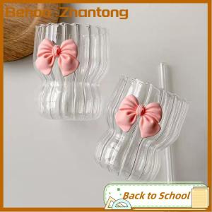 Behoo แก้วรูปโบว์สีชมพูน่ารักถ้วยน้ำทรงโบว์ลายการ์ตูนแก้วกาแฟลายน่ารักแก้วมักใส่กาแฟผลไม้สำหรับใช้ในครัวเรือนน้ำมะนาวของขวัญสำหรับเด็กผู้หญิง