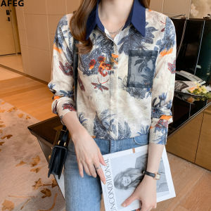 AFEG new Korean style shirt collar fashion loose wild floral chiffon long-sleeved blouse for women