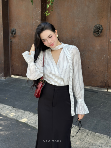 [Mở bán] Áo sơ mi cổ V vạt đắp chéo nữ GYOMADE® chất đũi tơ mát nhăn nhẹ tự nhiên thanh lịch có lót phía trước | GA093