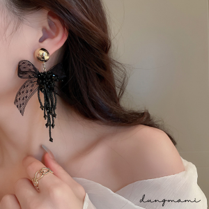 Bông tai hạt đá phối ren hình nơ phong cách điệu đà tiểu thư cho nữ