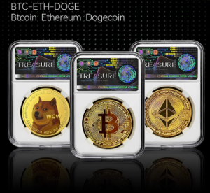 Bitcoin Ethereum Doge Coin Collectible. Gold Plated