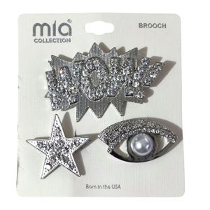 MIA Collection Silver Rhinestone Brooch Set - Star Eye & WOW! Design