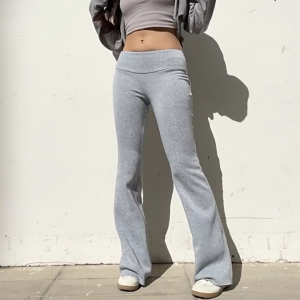 Womens Fold Over Low Rise Fleece Lined Flared Pants Solid Yoga Pants Winter Thermal Warm Sweatpants Boot Cut Leggings