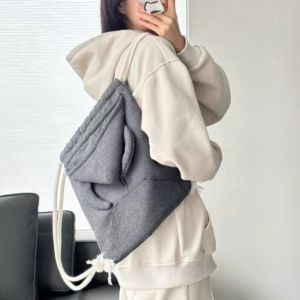 KUXMTC แตรวัว กระเป๋าเป้แบบมีฮู้ด แบบเกาหลี ความจุขนาดใหญ่ กระเป๋าแบบมีเชือก สร้างสรรค์ ซิป กระเป๋านักเรียนดีไซน์ฮู้ดี้ นักเรียน