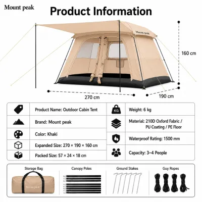 Mount peak Outdoor Cabin Tent Spacious 4-6Person Family Camping Tent 210D Oxford Fabric Waterproof 1500mm 4Sided Ventilation