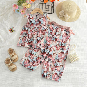 ชุดเสื้อผ้าเด็กผู้หญิงลายหมี2ชิ้นสำหรับเด็กชุดเสื้อกล้ามพิมพ์ลายผีเสื้อและกางเกงสีม่วงผูกโบว์ลูกไม้สำหรับฤดูร้อนเครื่องแต่งกายสำหรับเด็กทารกชุดเด็กผู้หญิง3ถึง7ปี