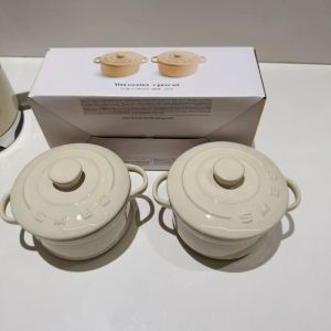 SMEG Style Ceramic Mini Circular 2-Piece Set Double Handle Stew Pot Soup Bowl with Lid Set Mangkuk