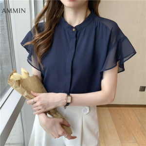 AMMIN Tops 2023 new stand-up collar short-sleeved elegant temperament fashion simple chiffon shirt female personality design sense bat sleeve all-match single-breasted blouse