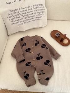 Baby clothes spring outfit for boys cute knitted jumpsuit for baby girls cherry embroidered sweater outdoor crawling outfit