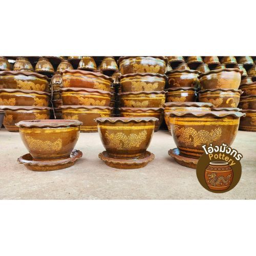 กระถางดินเผามังกรราชบุรีพร้อมจานรอง สำหรับปลูกต้นไม้