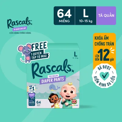 Tã/Bỉm Quần Rascals Cocomelon Size L (10-15kg) 64 miếng - Kèm Sách tô màu (Ngẫu nhiên)