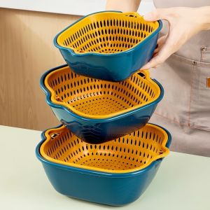 6Pcs Set  Multifunctional Double-layer Drain Basket Set for Kitchen Plastic Vegetable Fruit Washing Basket Wash Basin Kitchen storage Efficient Drainage Design