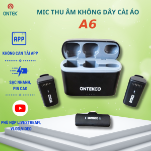 Mic thu âm không dây cài áo A6 Ontekco chống ồn lọc âm tốt cắm vào điện thoại không cần cài app có 2 đầu mic thu