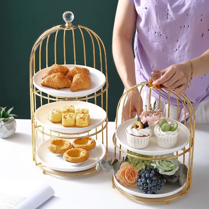 Romantika European GOLD TIER DESSERT TRAY Nordic Iron Birdcage Plate ...