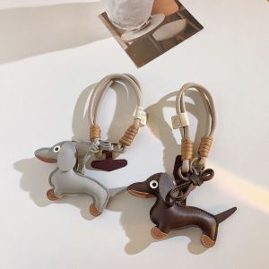 SUNYMEI Mini Dachshund Dog Keychain PU Leather Braided Lanyard Animals Keyring Hanging Ornament Lovely Puppy Doll Car Key Accessories Car Key Ring