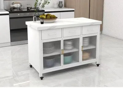 Simple modern style marble kitchen island table sideboard movable operating table cooking table glass tea cabinet