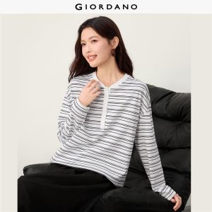 Giordano Beau Monde Women Striped henley neck long sleeve cotton tee Free Shipping 13326619