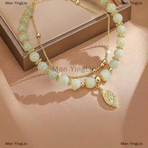 [COD] Man YingLie Accessories For Women Imitation Beaded Bracelet Leaves Double Layer Chain Bracelet For Girls Wedding Party Jewelry Gift