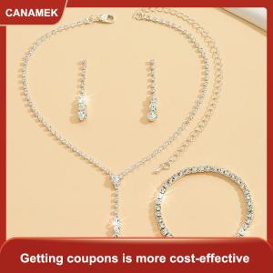 【CANAMEK 】 4Pcs Fashion Bride Wedding Jewelry Set Rhinestone Necklace Earring Bracelet Set Women Banquet Jewelry Accessories