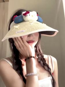 Cute Bow Cat Hollow Top Hat for Women Summer Wide Brim Sunshade Sun Protection Hat Outdoor Sun Hat Trendy
