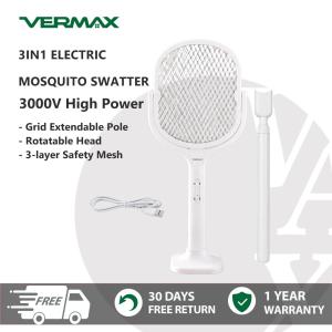 VERMAX 3IN1 Electric Mosquito Swatter Racket 3000V With Telescopic Handle & Base Insect Killers