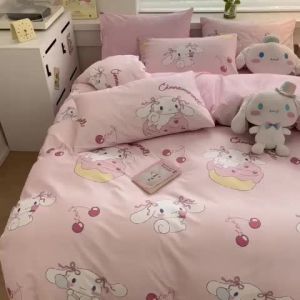Cute Bed Sheet Quilt Cover Four-Piece Set Bedding Washed Cotton Girly Student Dormitory Three-Piece Cartoon Quilt Cover LZD