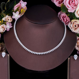 SEQUITO Perfect Water Drop Cut AAA Cubic Zirconia Setting White Gold Plated Delicate Choker Necklace Set with Earrings for Women Banquet Costume Jewelry SJ230