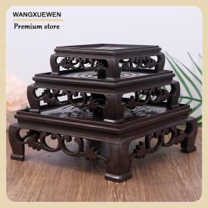 [COD] Deep Brown Carving Wooden Look Plastic Base Tray Flowerpot Holder Round Square Multi-Functional Teapot Vase Fish Tank Base