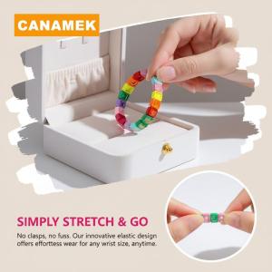【CANAMEK】 Elastic Rainbow Beaded Bracelet for Women Colorful Crystal Enamel Bangle Geometric Handmade Jewelry for Daily Casual Use