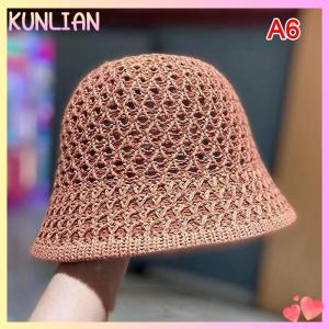 [KUNLIAN] หมวกถักไหมพรมทำมือหมวกทรงถังทรงโดมพับได้หมวกชายหาดสีทึบแบบเรียบง่ายหมวกผู้หญิง