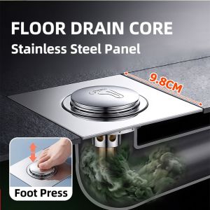 Foot Operated Pop Up Floor Drain Filter Brass Core Anti Odor Shower Sewer Trap Self Adhesive Easy Installation