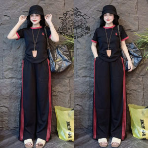 #COD Women’s Korean Style 2-Piece Set – Color Blocked Pony T-Shirt + Striped Wide Leg Pants | Casual Outfit | Trendy Vintage Look | S-XL Sizes| Black / White / Red Options