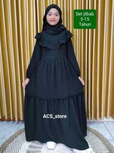 Gamis Anak Motif Elegan dengan Jilbab Flanel 3/4 Lengan 5-15 Tahun - Warna Navy