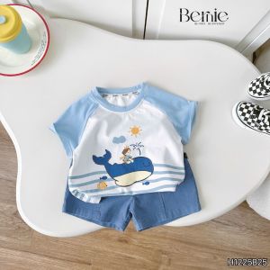 Set bộ ngắn tay raplang họa tiết Cá voi kèm quần short kaki cho bé trai 9 tới 28kg BERNIE H1125B25
